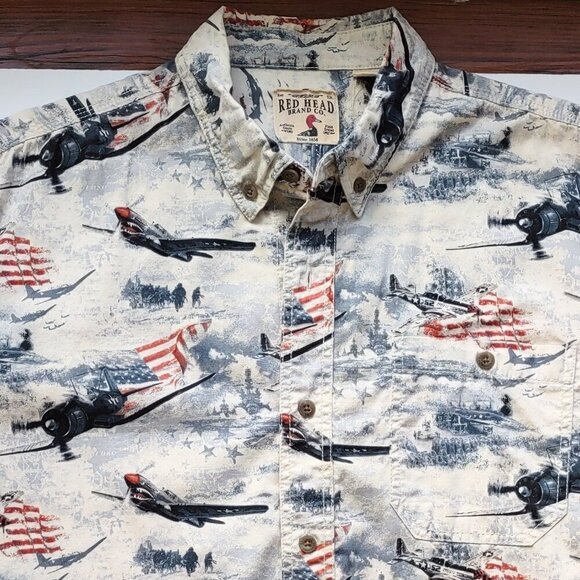 Red Head Patriotic Short Sleeve Shirt Planes Ships Flag  Men's Size XL - Picture 2 of 12
